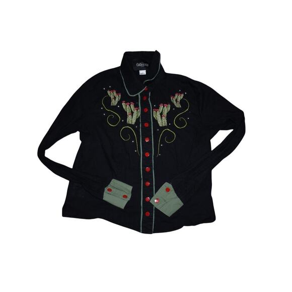 Collectif London Western Cactus Embroidered Shirt Black Red Buttons Size S UK 10 - Picture 8 of 12